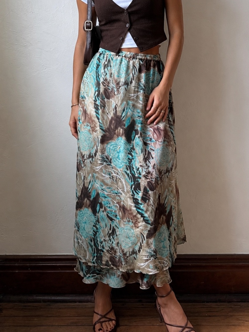 Vintage Units Abstract Print Midi Skirt Brown Turquoise Layered Hem Large